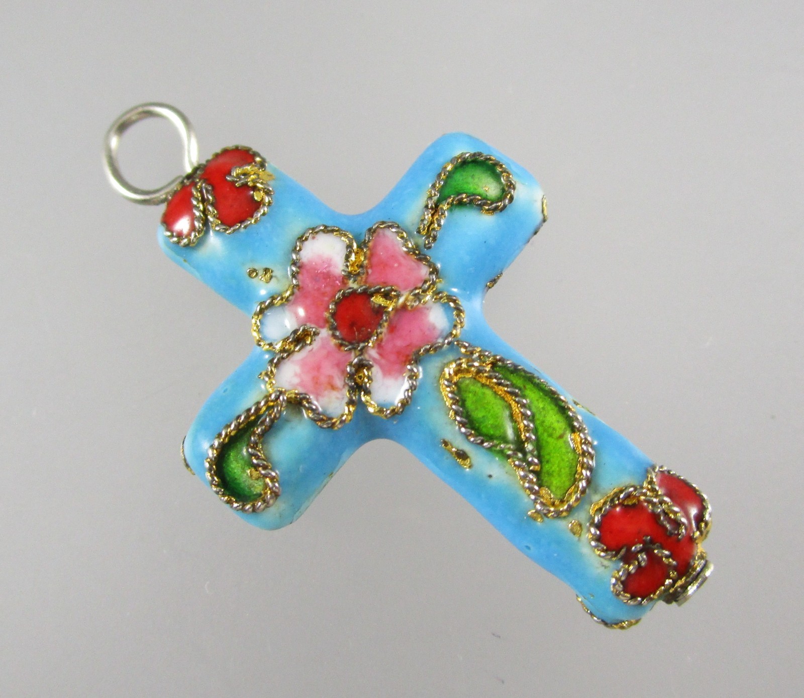 Vintage Cloisonne Blue Red Green Floral Enamel CROSS Pendant for Necklace 1046