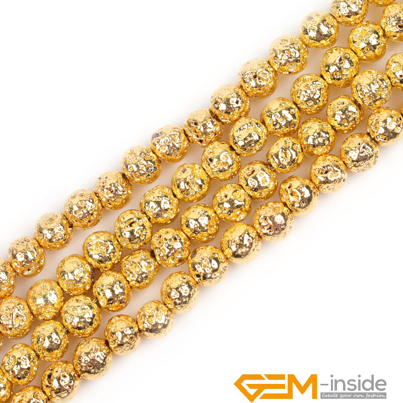 Gold Metallic Coated Volcanic Rock Stone Round Loose Beads Jewelry Making 15″