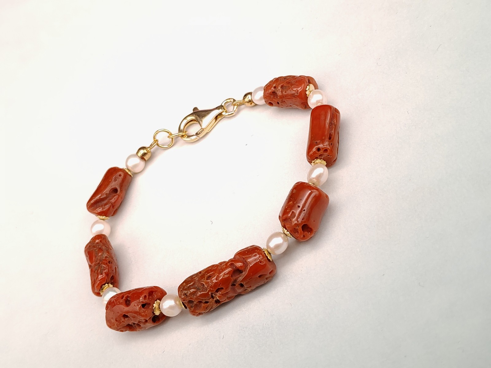 Women’s Red Coral Sardinian Bracelet Natural Real Pearl Silver 925 Gold Plac