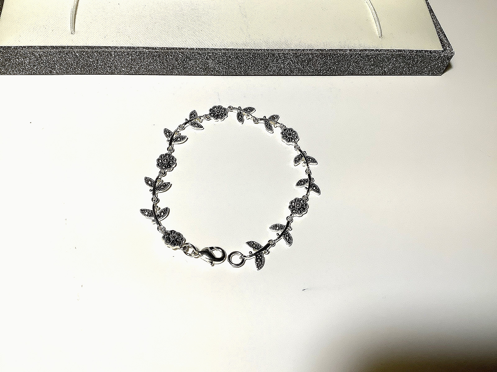 Marcasite In Fine Silver Plate Flower Leaf Vine Bracelet 7.5 Inches Gift Box