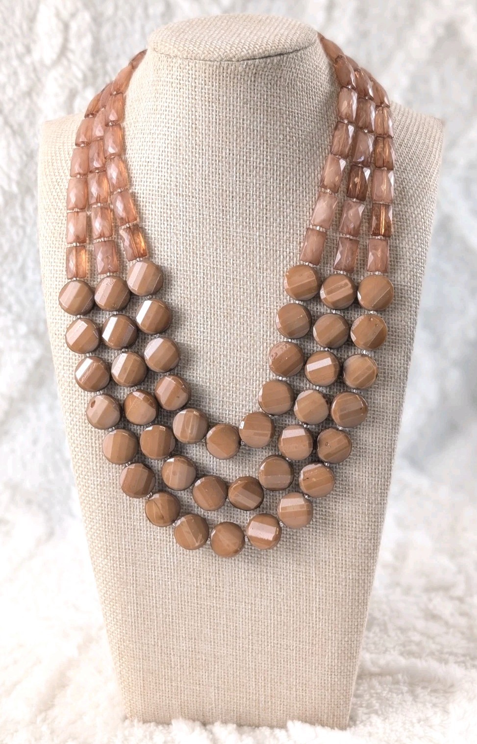 J.Jill Multi Strand Glass Bead Statement Necklace Brown Tan Peach Gold Tone