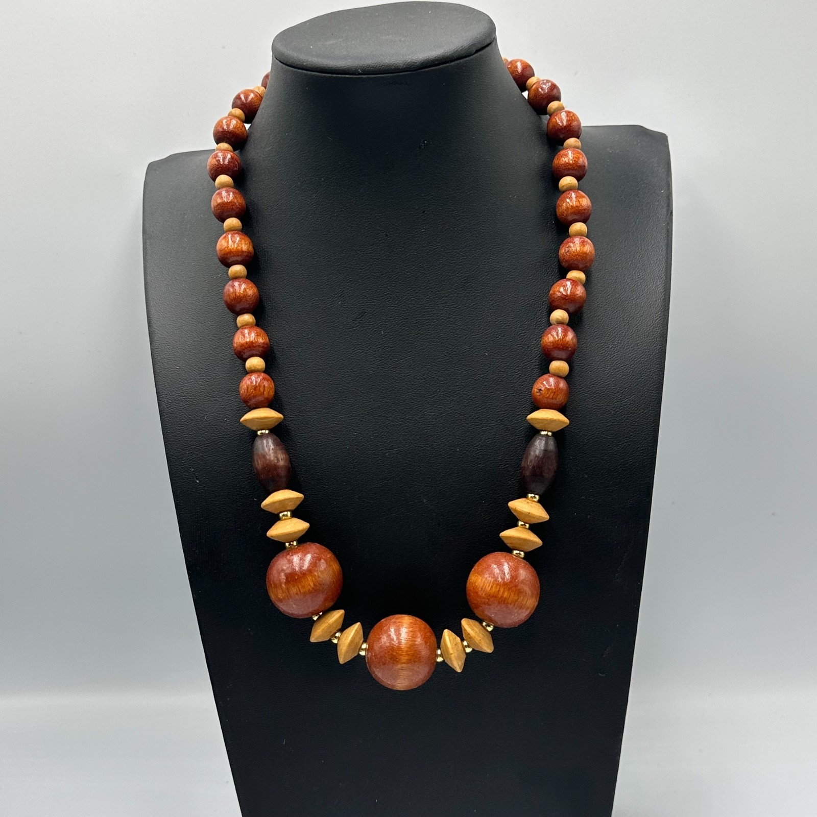 Vintage Wood Bead Necklace Brown Tan Graduated Round Barrel Beads 20 Inch