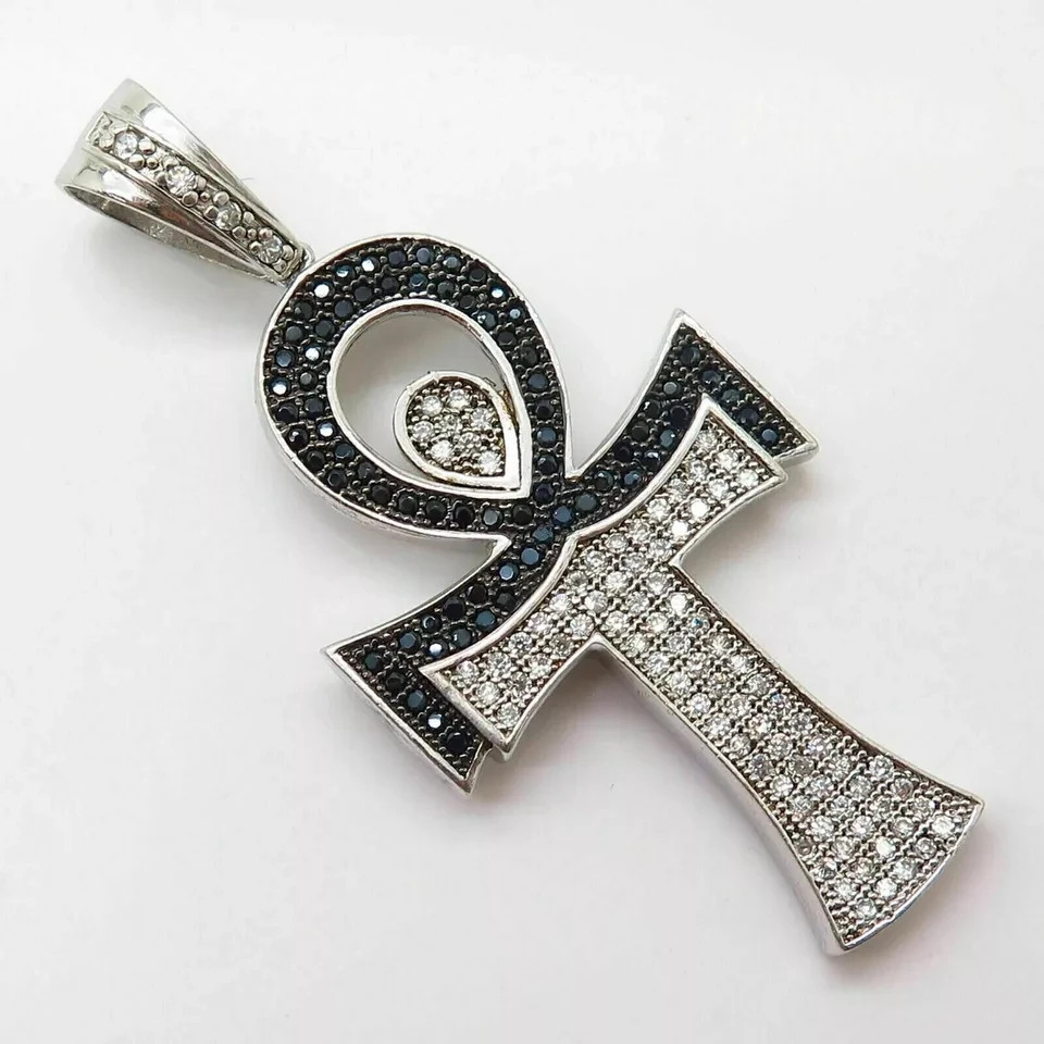 2Ct Lab Created Black Diamond Charm Ankh Cross Pendant 14k White Gold Plated