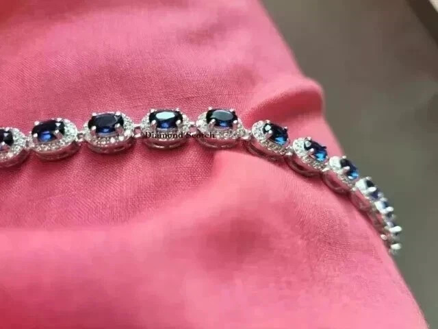 Oval Lab Created Blue Sapphire Diamond Tennis Bracelet 14K White Gold Plated