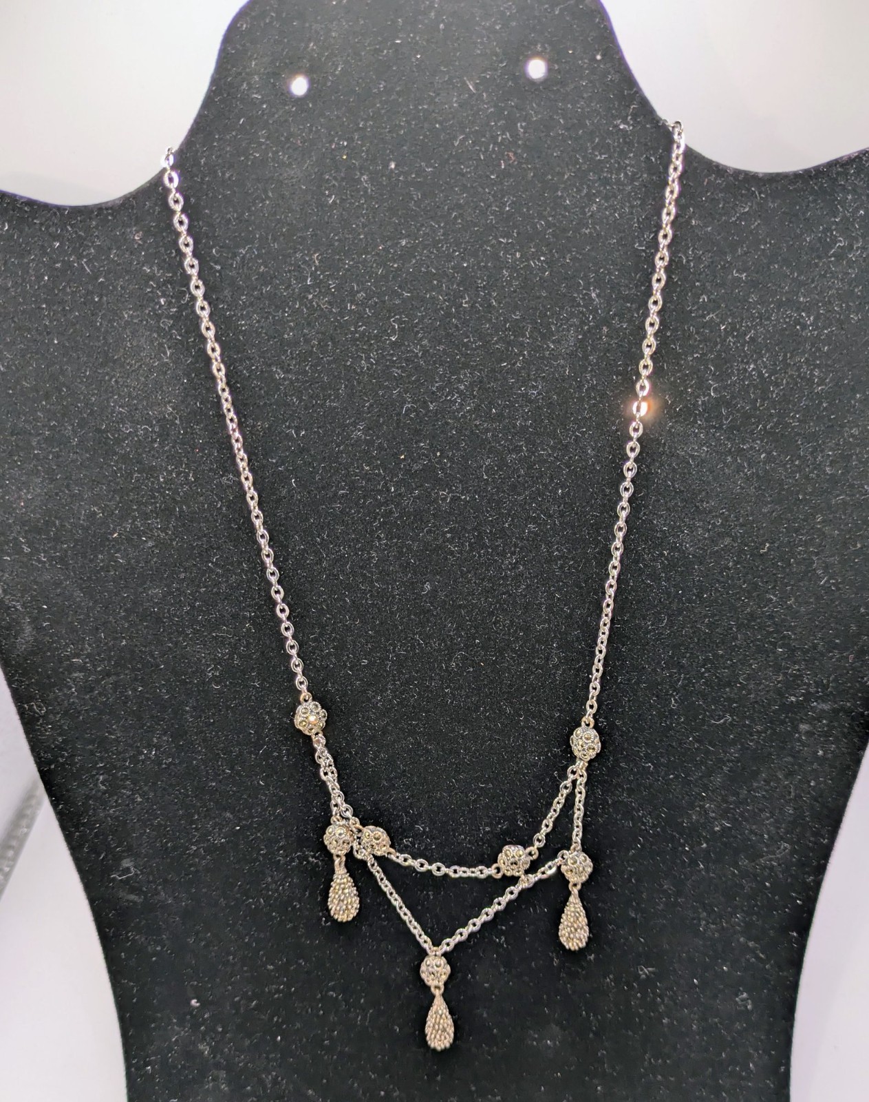 Vintage .925 Sterling Silver Marcasite Drop Chandelier Necklace Art Deco Style