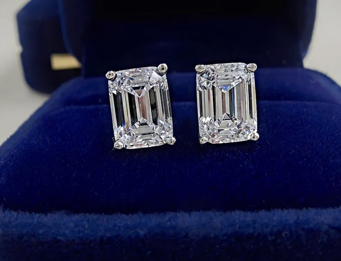 2 Ct Emerald Cut VVS1/D Lab Created Stud Earrings 14k White Gold 7mm Push Back