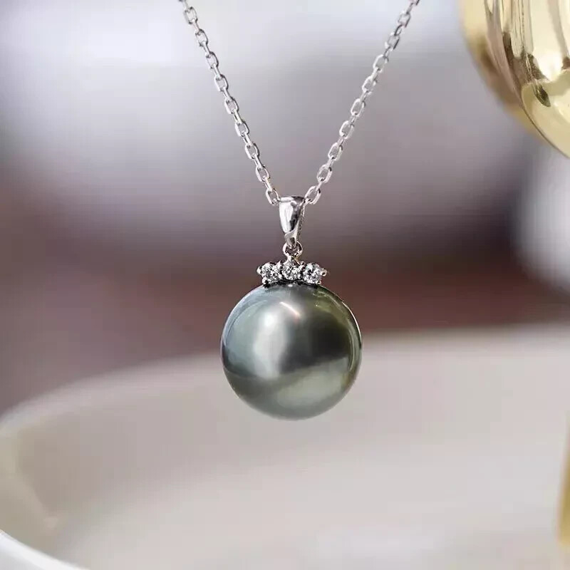 Classic AAA++11-12mm South Sea Black Round Pearl Pendant Necklace 18 inches 925S