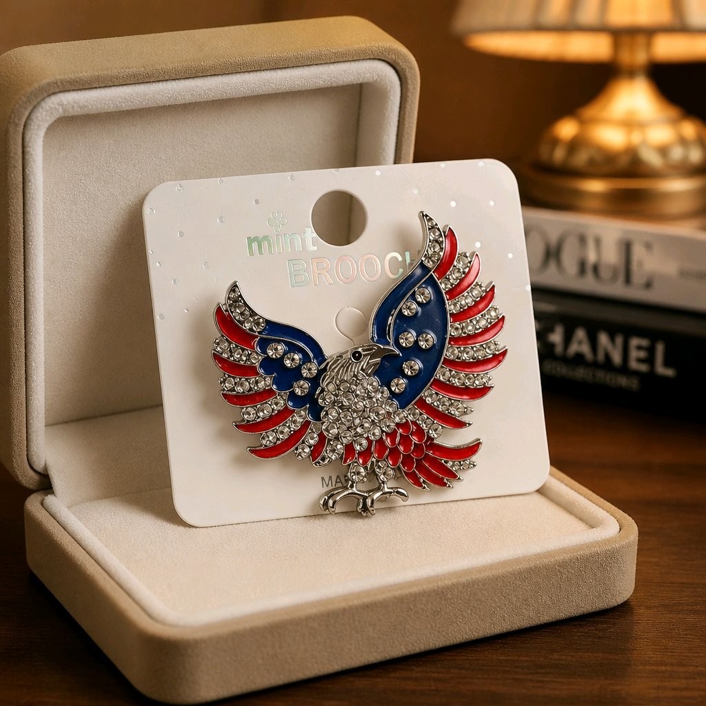 Patriotic American Eagle Brooch Pin Rhinestone Crystal Red White Blue 4th July