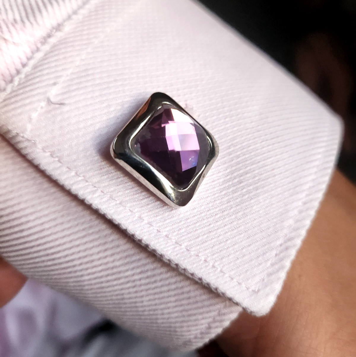 Modern Silver Tone Purple Amethyst Color Faceted Glass Cufflinks with Gift Box