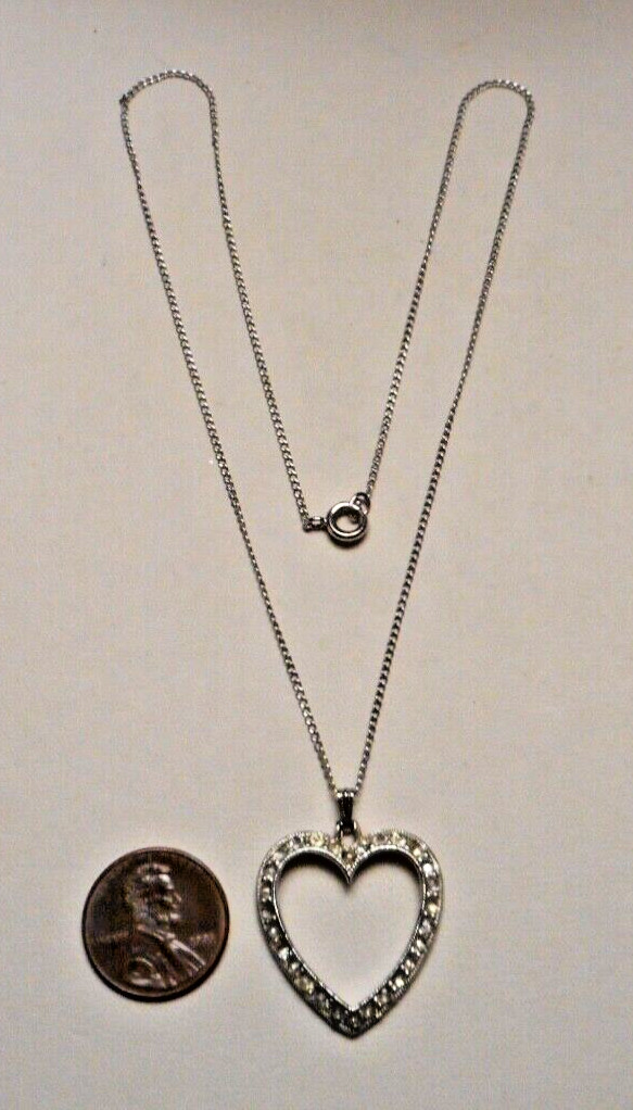1950s Bogoff Diamante Rhinestone Silver-tone Heart Pendant on 16″ Chain Necklace