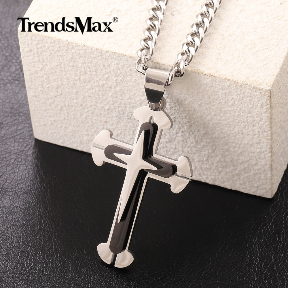 Mens Stainless Steel Cross Pendant Necklace 5MM 18″-30″ Silver/Black Cuban Chain