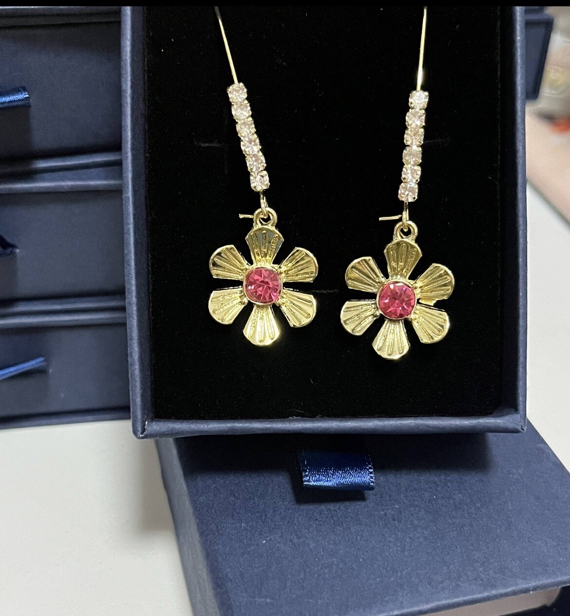 Flower Long Drop Earrings | Delicate Stone Accents |