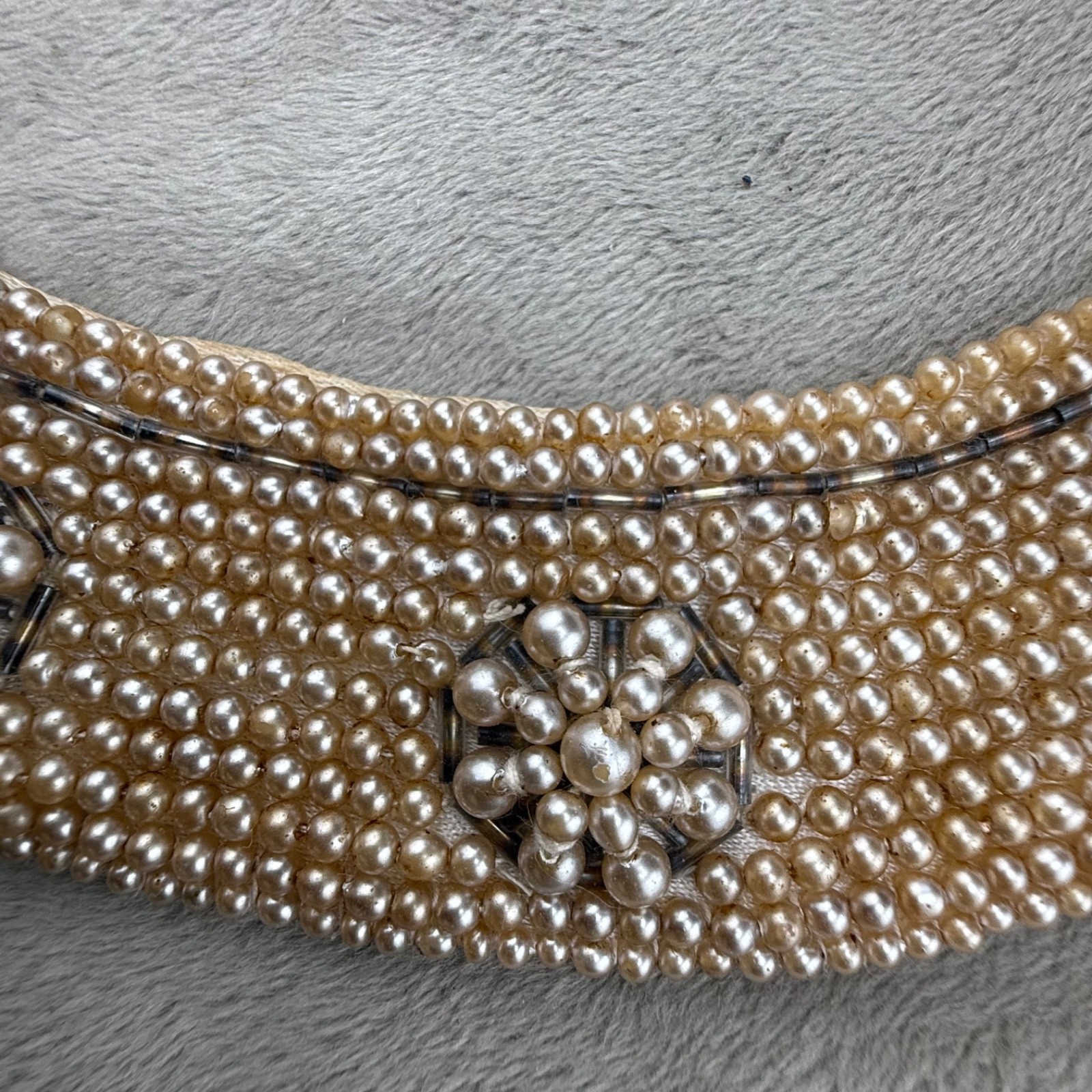 Vintage Beaded Collar Necklace Cloth Backing Imitation Pearl 15” READ
