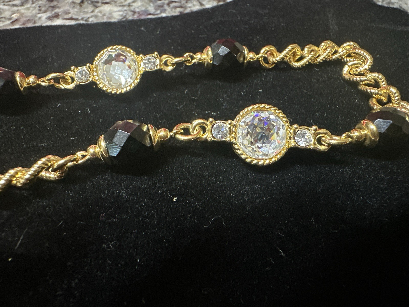 ST. JOHN Logo Gold Tone Black Bead & Bezel Colorless Crystal Necklace 46” Beauty