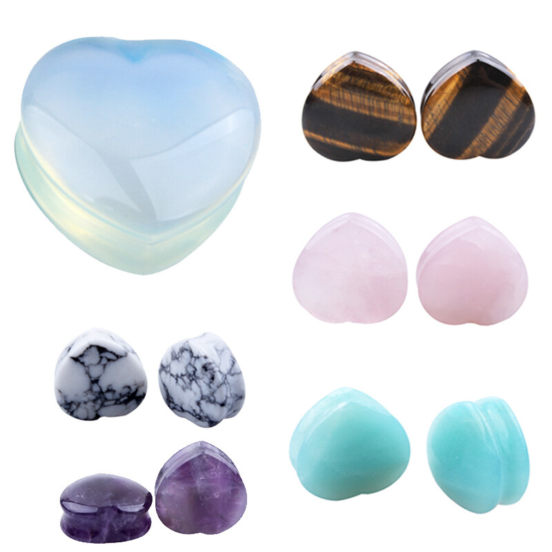1 Pair Precious Stone Ear Plug Gauge Love Heart Double Flare Saddle Flesh Tunnel