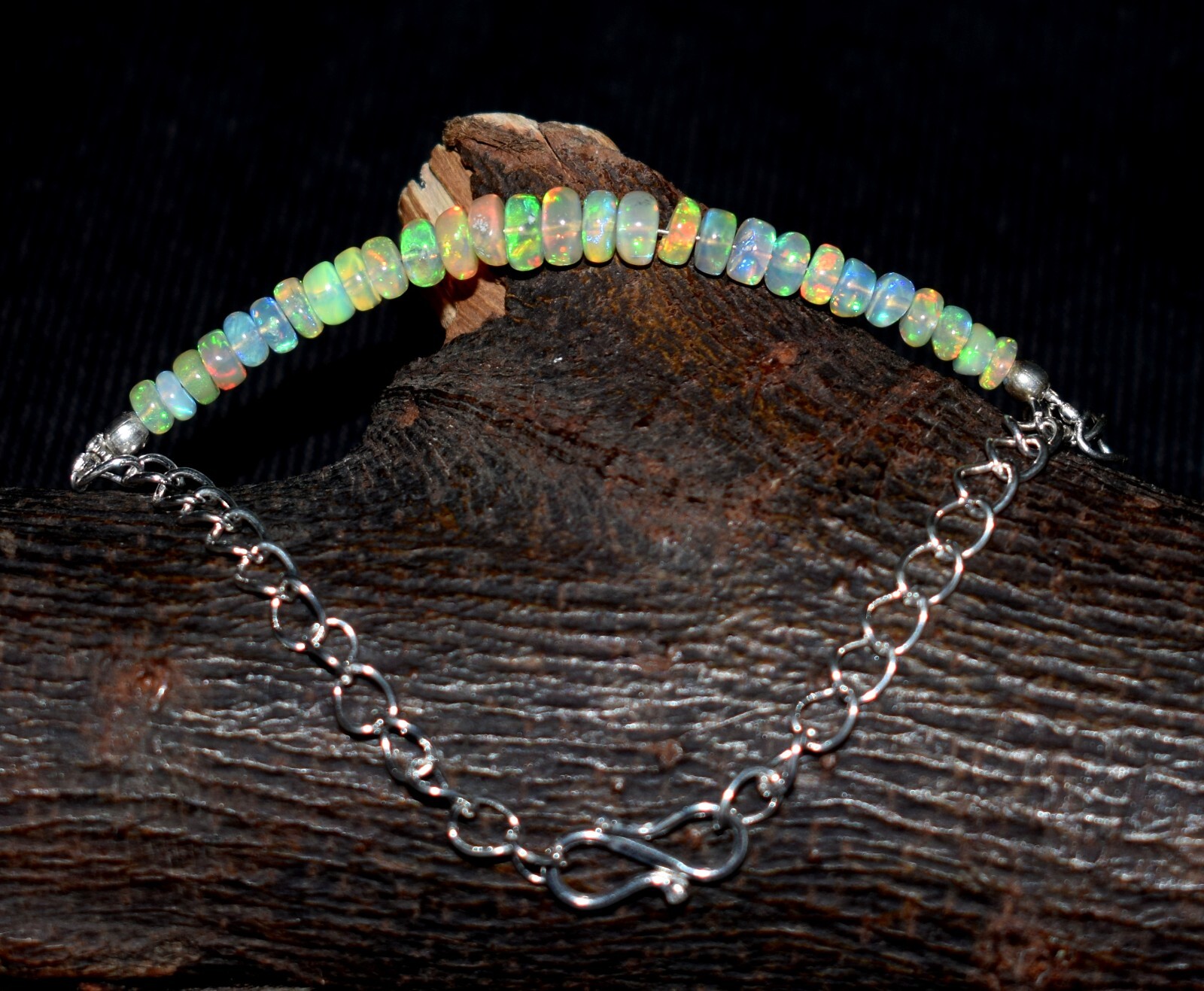 Solid 925 Sterling Silver Natural Ethiopian Opal Gemstone Beads 7″Bracelet F1925