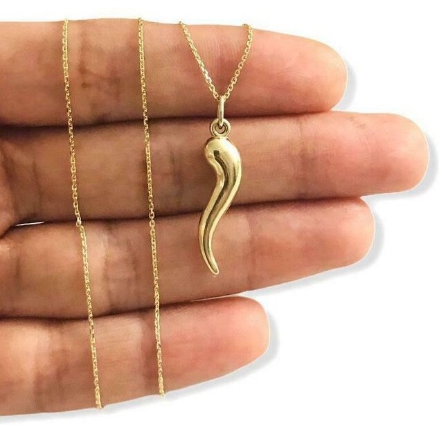 10K Real Gold Italian Cornicello 27mm 1.06″ Horn Pendant, Chili Necklace- C3040
