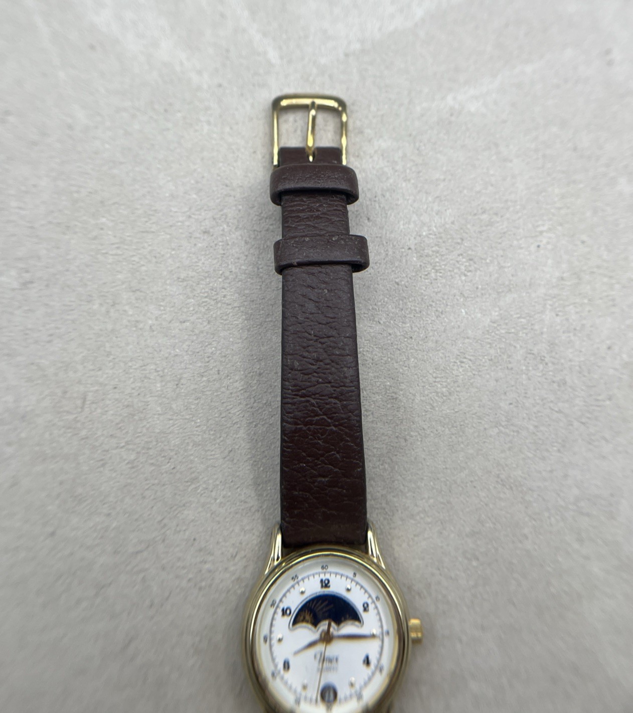 Timex 364 T Cell Moon Phase Quartz Wristwatch Gold Tone Brown Leather Band