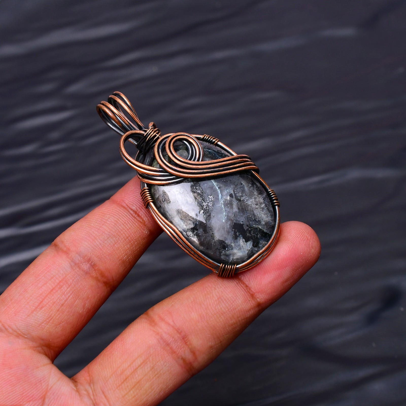 Larvikite Gemstone Copper Wire Wrapped Handmade Jewelry Pendant 2.20″