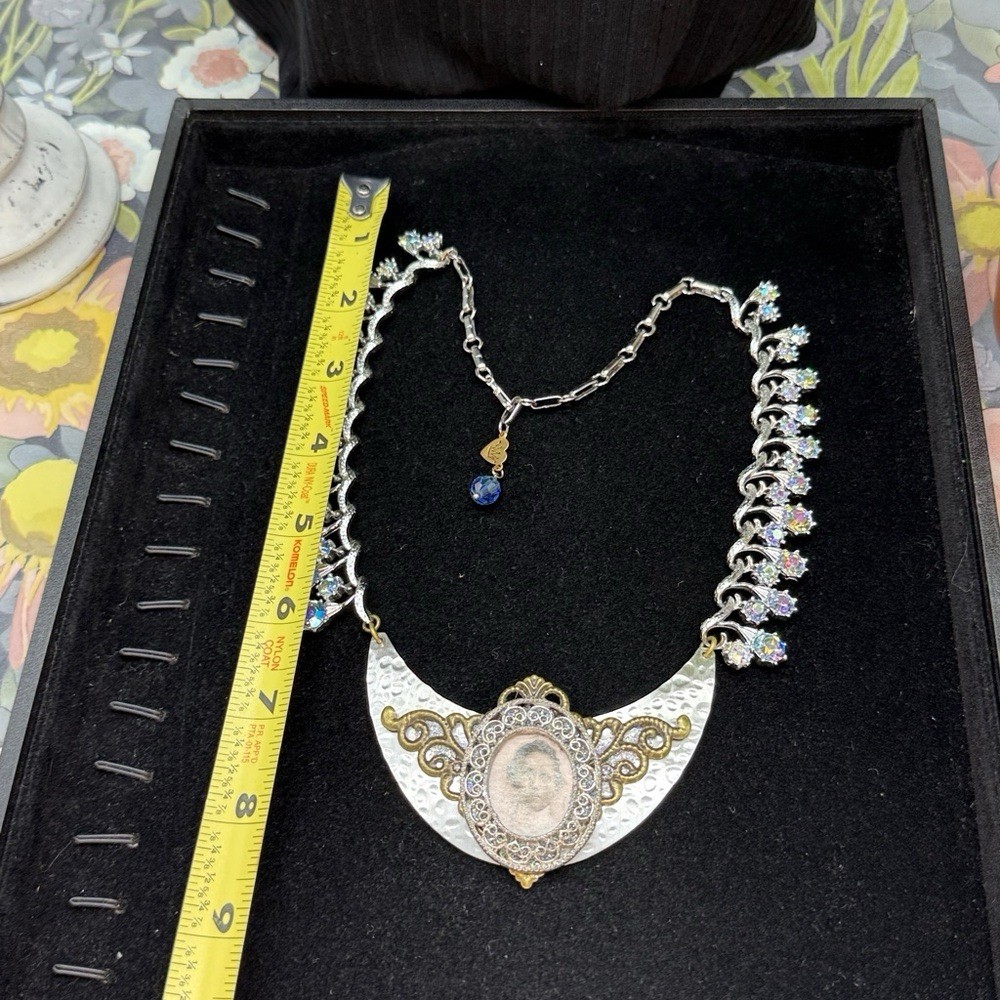 Adorned Crown Jewelry assemblage rhinestone filigree female image bib necklace