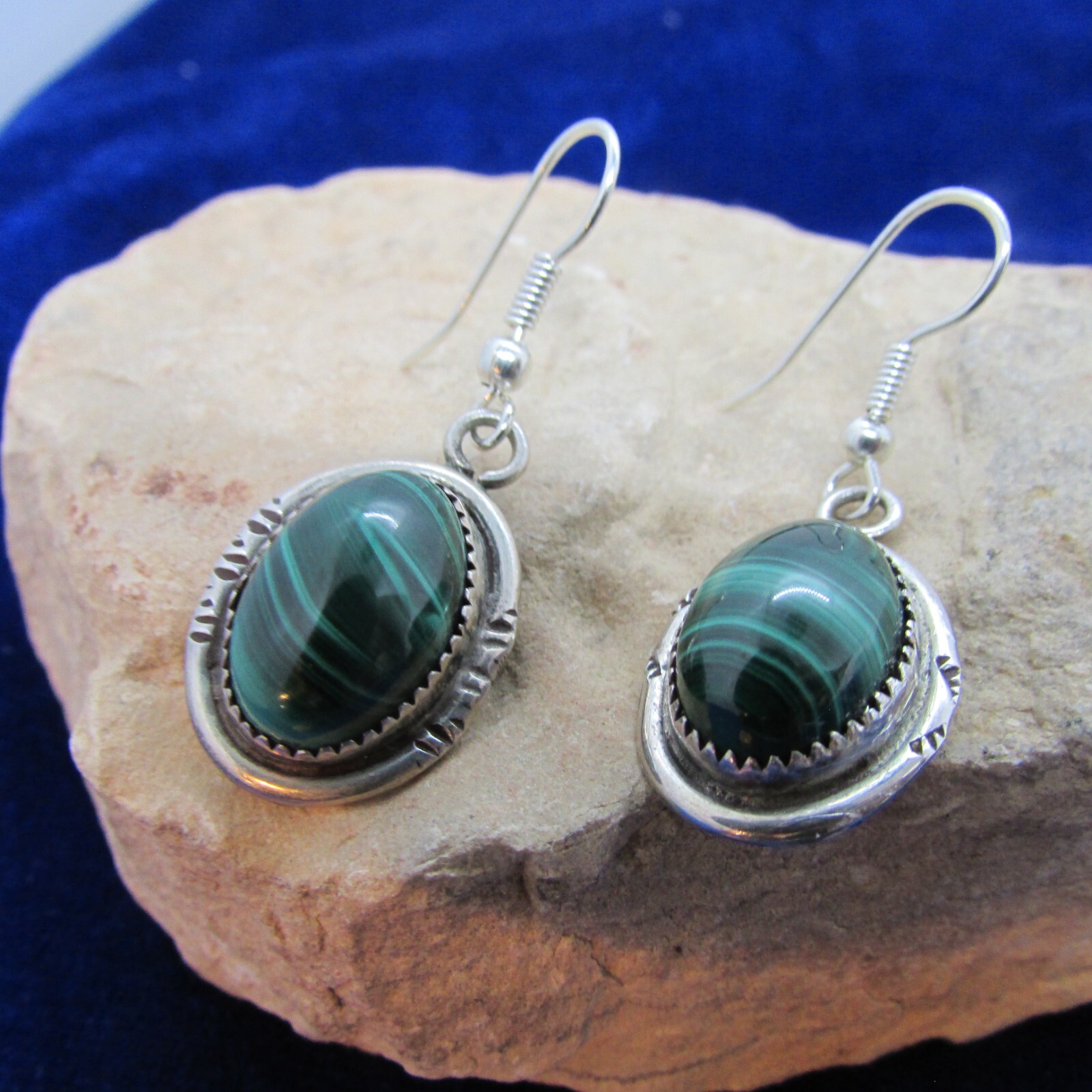 VINTAGE S W N A STERLING MALACHITE DANGLE EARRINGS SIGNED BENS