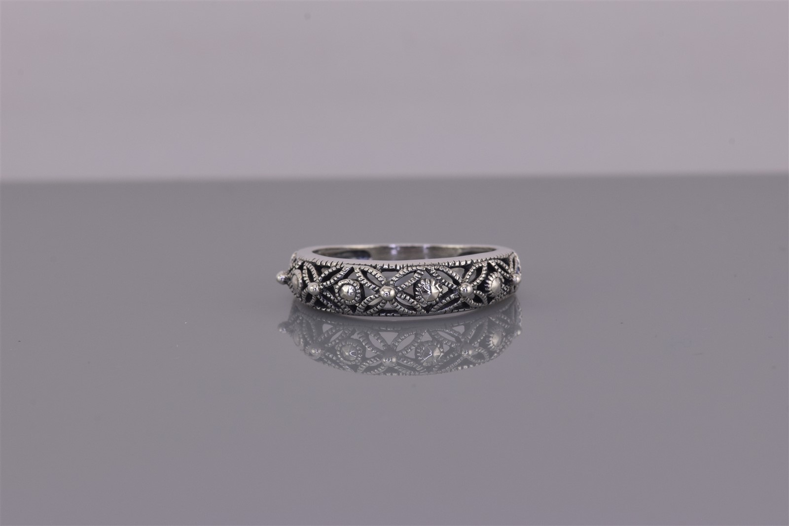 Sterling Silver 5mm Beaded Filigree Flower Openwork Band Ring 925 Sz: 7