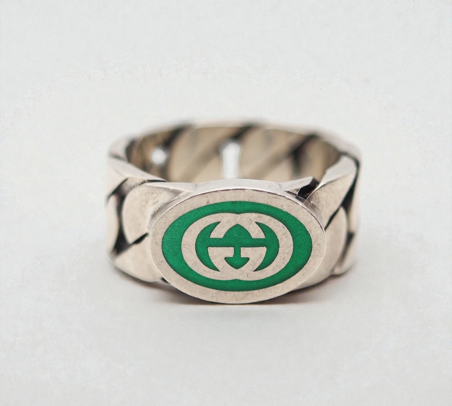 New Gucci Interlocking G Green Enamel Sterling Silver Ring Size IT14 US6.75