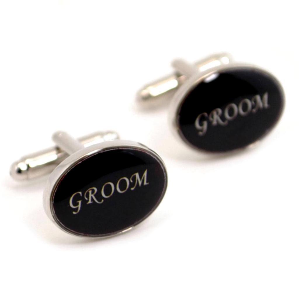 PERSONALISED WEDDING PARTY CUFFLINKS PAIR High Quality NEW w GIFT BAG Black Oval