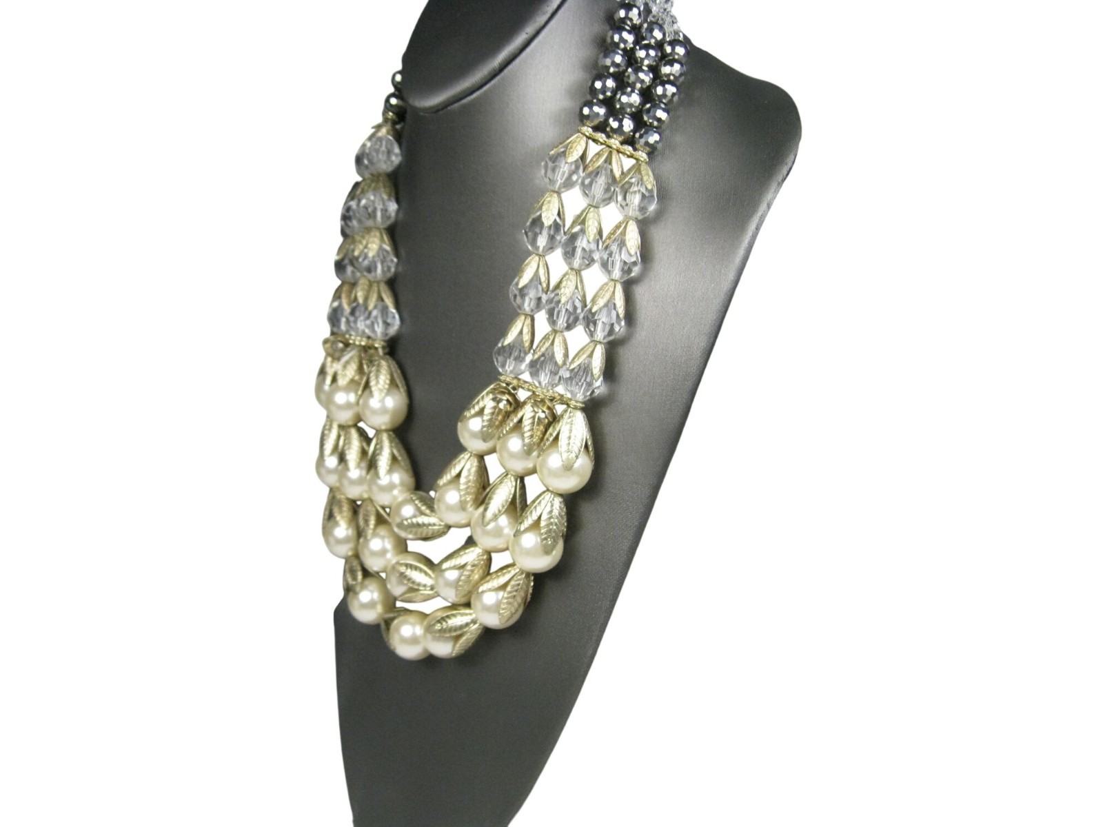 Lydell NYC Simulated Pearl Plastic Bib Necklace Gold Tone Multi Strand Statement