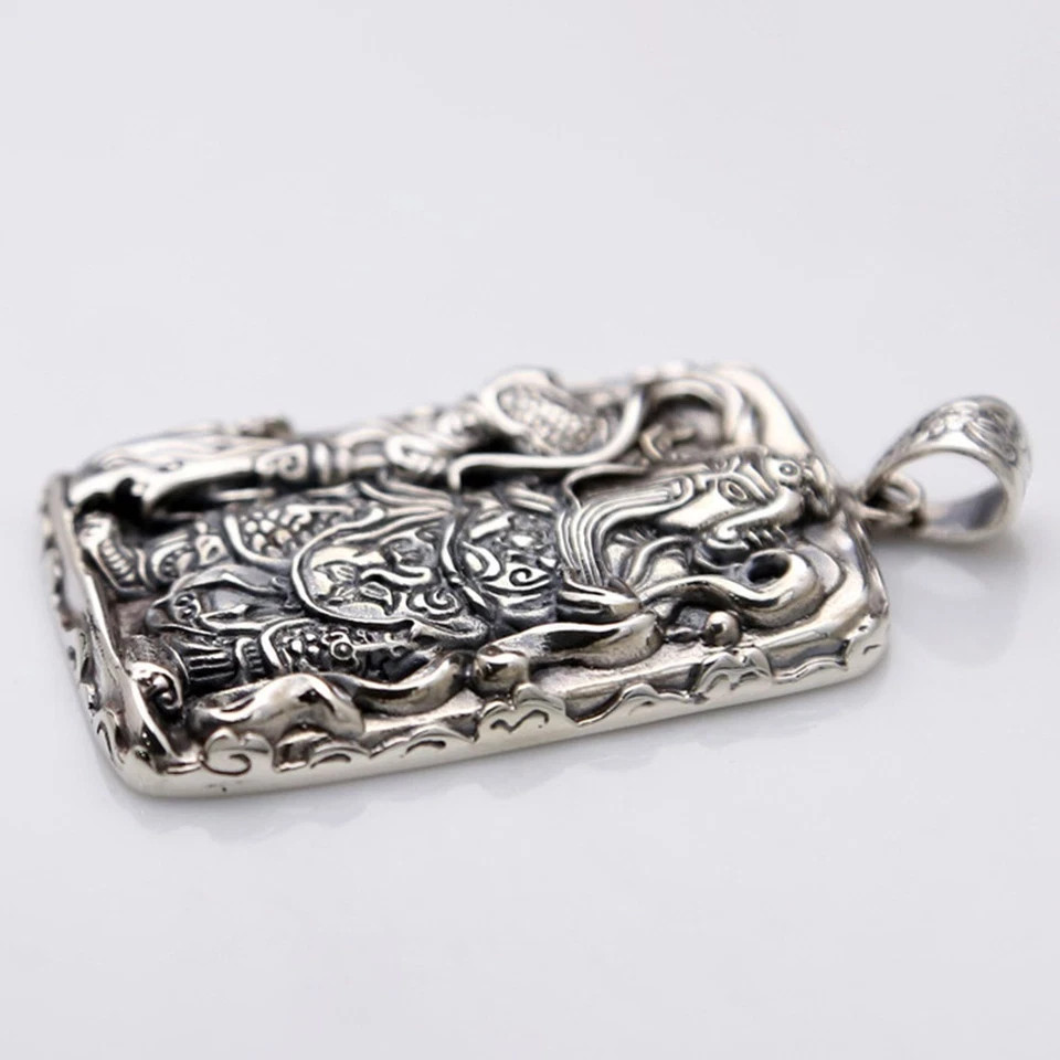Pure S925 Sterling Silver Men Women Carved Dragon Guangong Oblong Pendant 34-35g