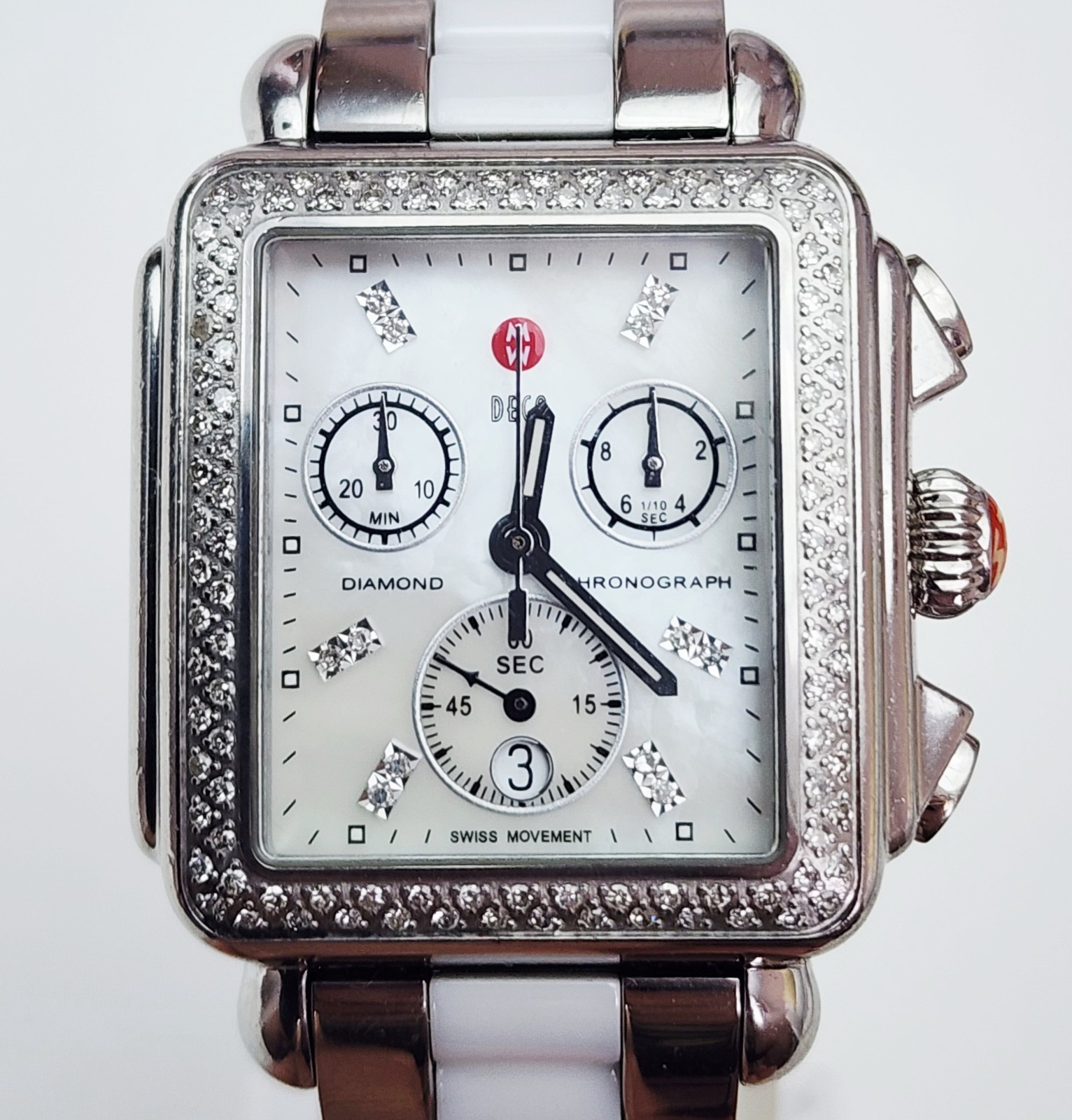 Women’s CHRONOGRAPH Watch MICHELE “Deco” MW06A01A1046. Diamonds Bezel. MOP Dial