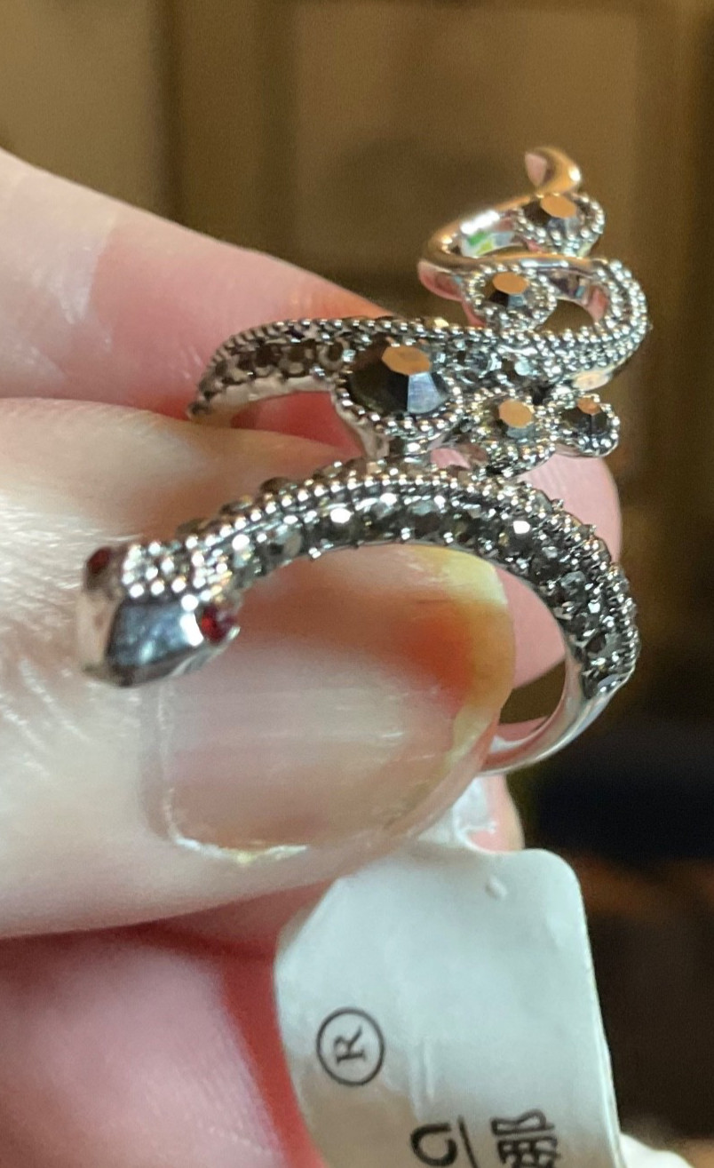 Full Finger Snake Marcasite Wrap Ring Black Onyx Size 5 NEW FREE GIFT BOX 🎁