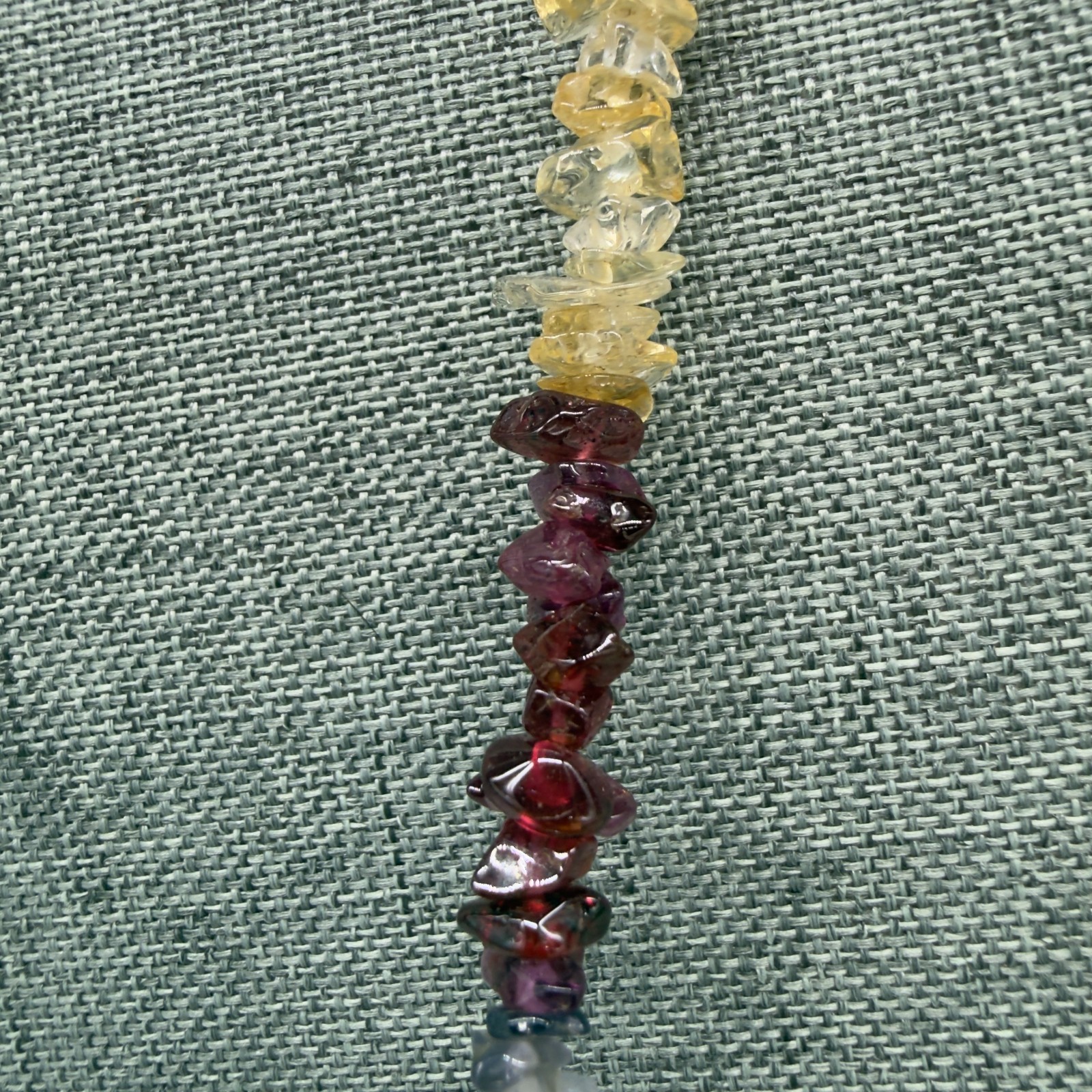 Vintage Necklace Fluorite Garnet Gemstone Pieces 34 Inches Gray Red Golden