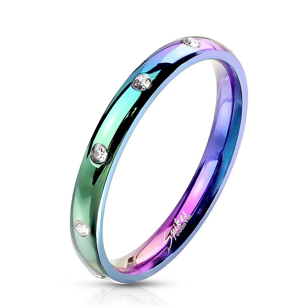 Stainless Steel CZ Eternity Anniversary Ring Wedding Band Silver Gold Rainbow