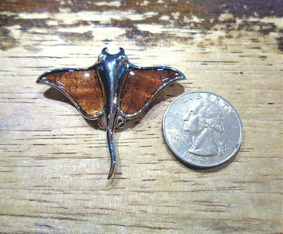 45mm Hawaiian Rhodium Plated Brass Genuine Inlaid Koa Wood Manta Ray Pendant #2