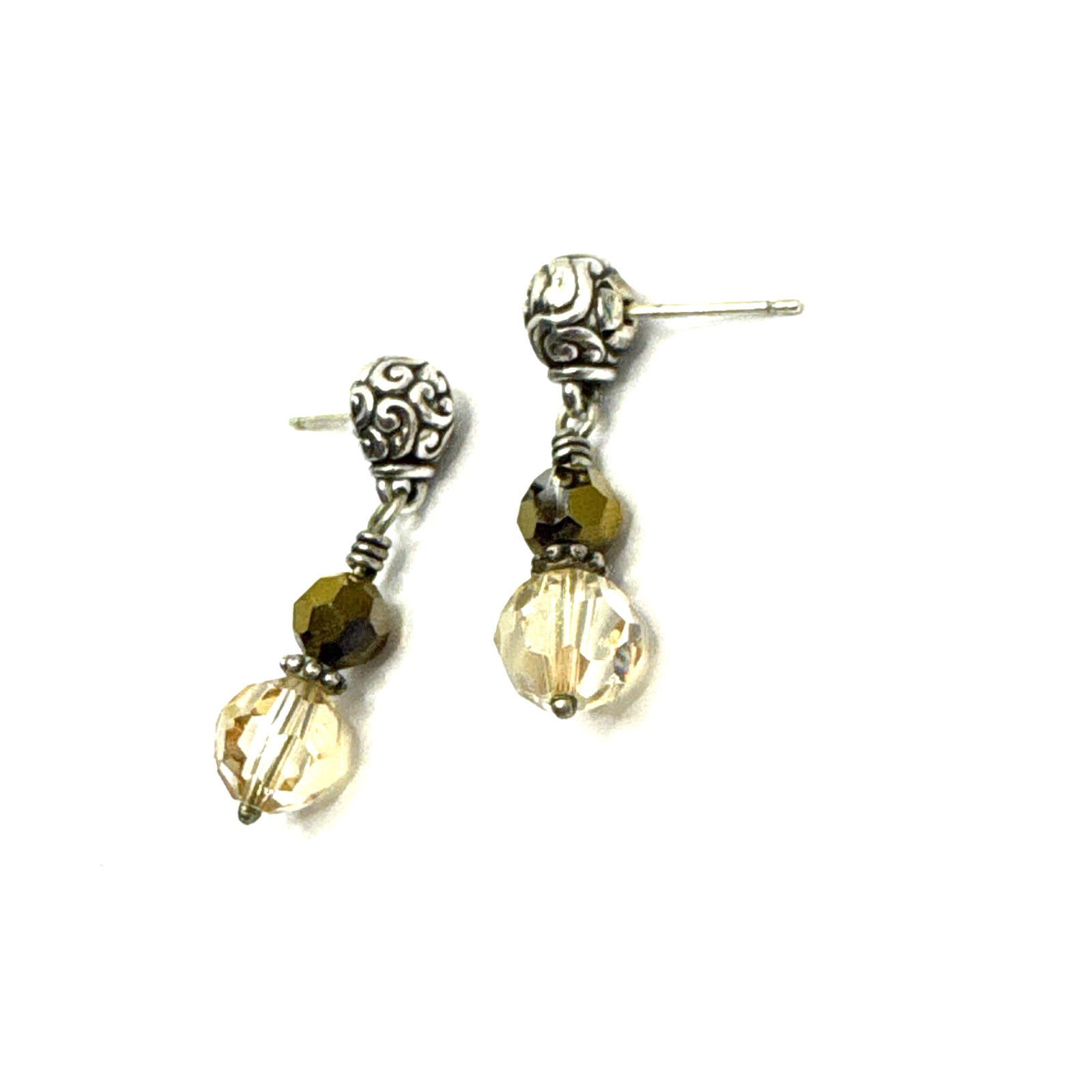 Brighton Cannes Light Ivory Beige & Sparkle Brown Beads Silver Post Earrings