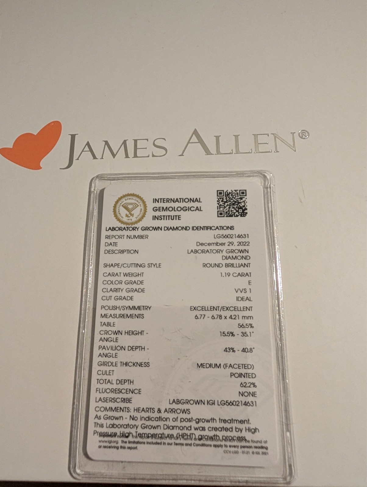 JamesAllen engament ring, 18k white gold, 1.19 ct round lab created