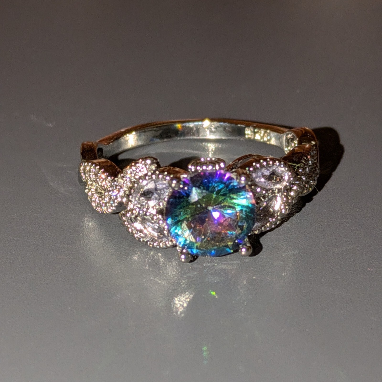925 Stamped Sterling Silver Plated And Rainbow Zirconia Dinner Ring, Size 9