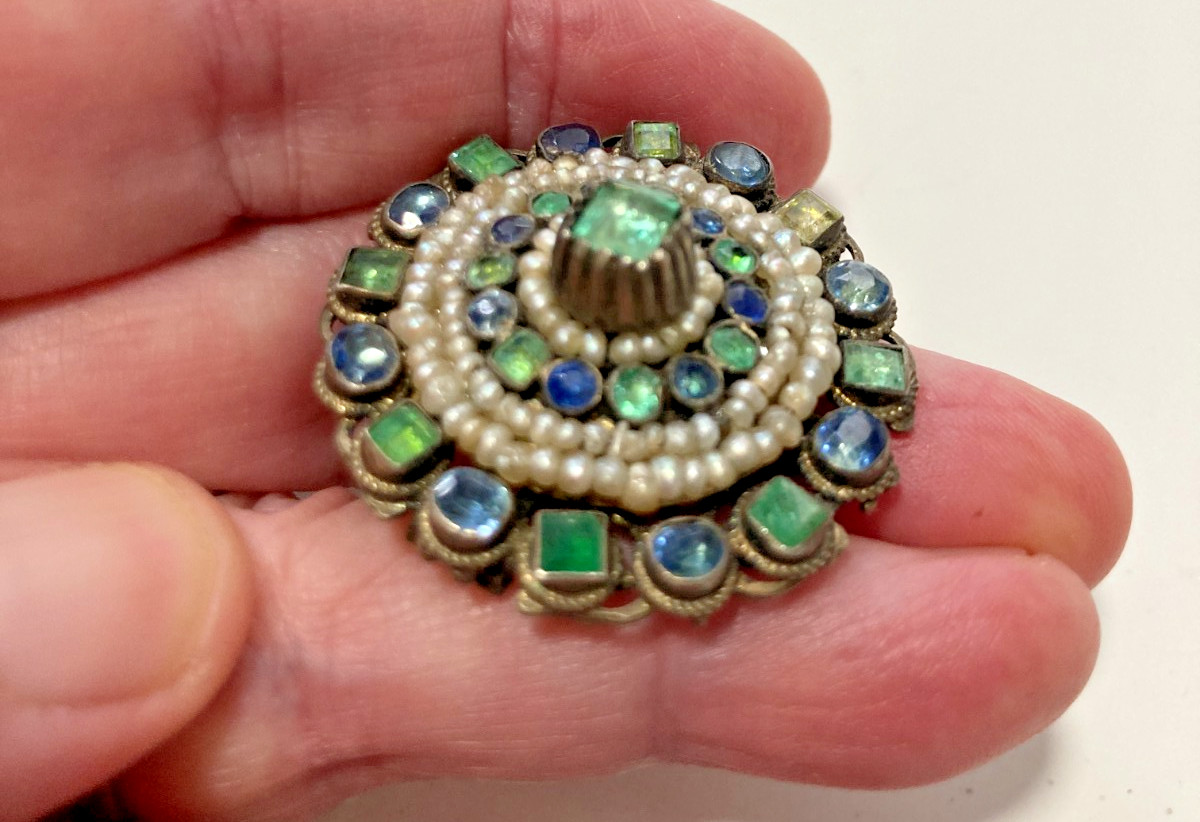 Silver Antique Austro Hungarian Brooch w Real Emeralds & Seed Pearls BIN
