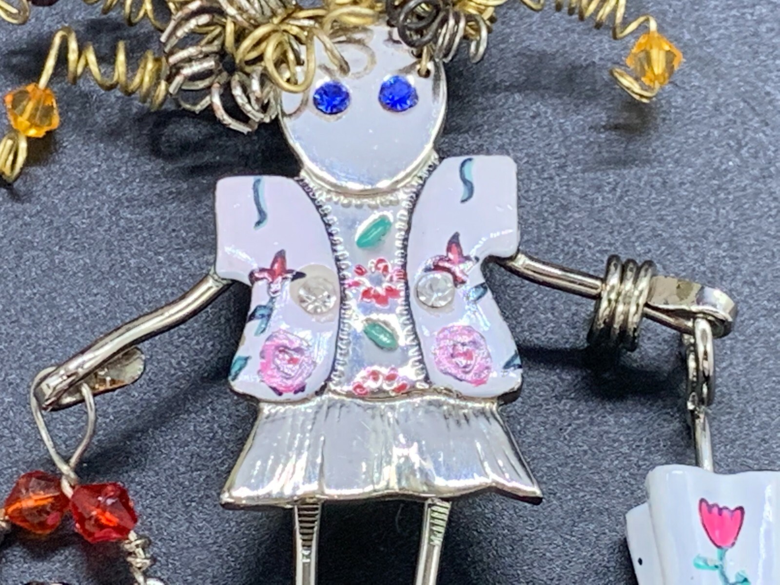 MODERNIST ARTS CRAFTS PORCELAIN METAL SPRING BEAD GIRL PURSE UMBRELLA BROOCH