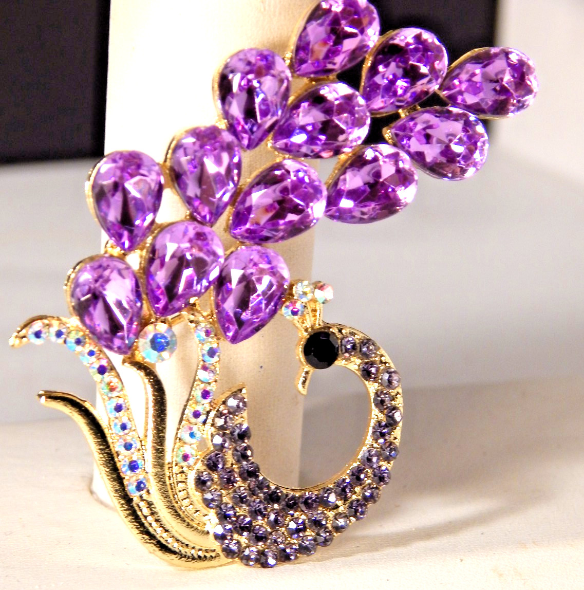 Classic Luxury Peacock Bird Gold Tone Brooch Pin Purple & AB Rhinestone Crystal
