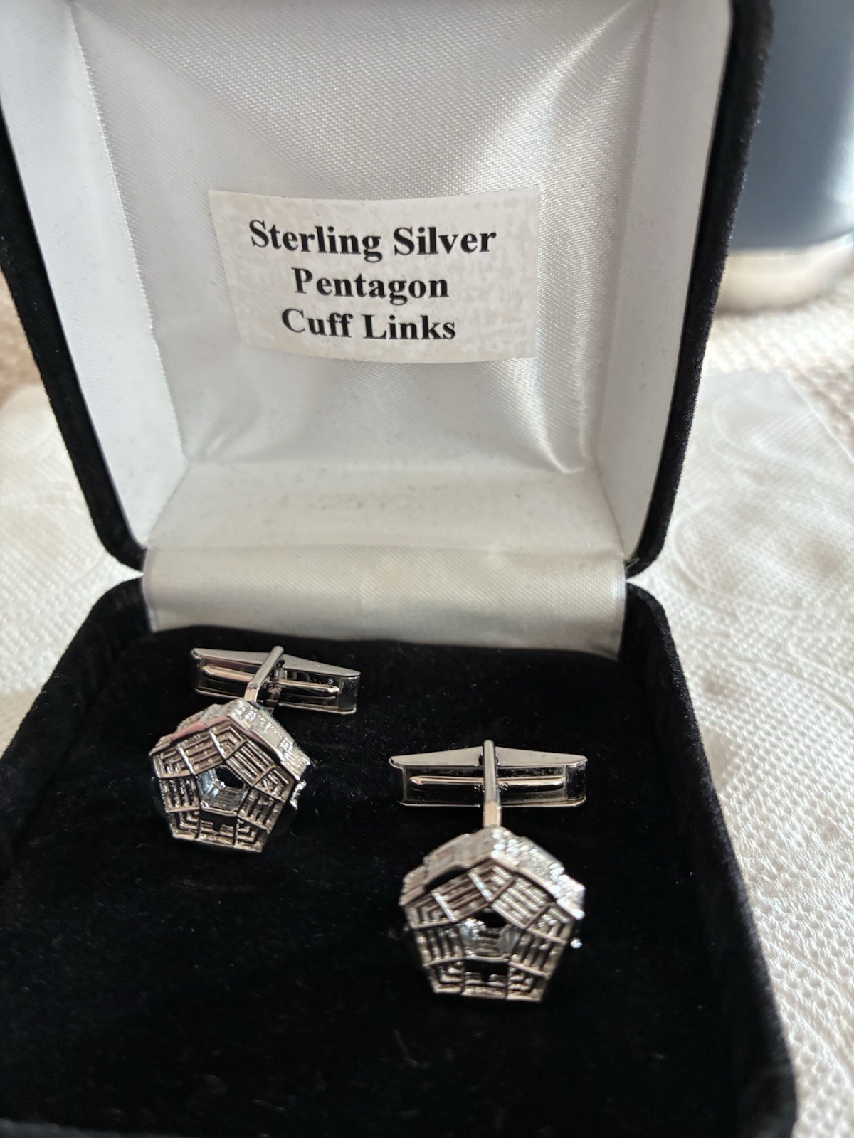 Vintage 925 Sterling Silver Cufflinks Pentagon Motif 10 Grams in Case Hallmarked