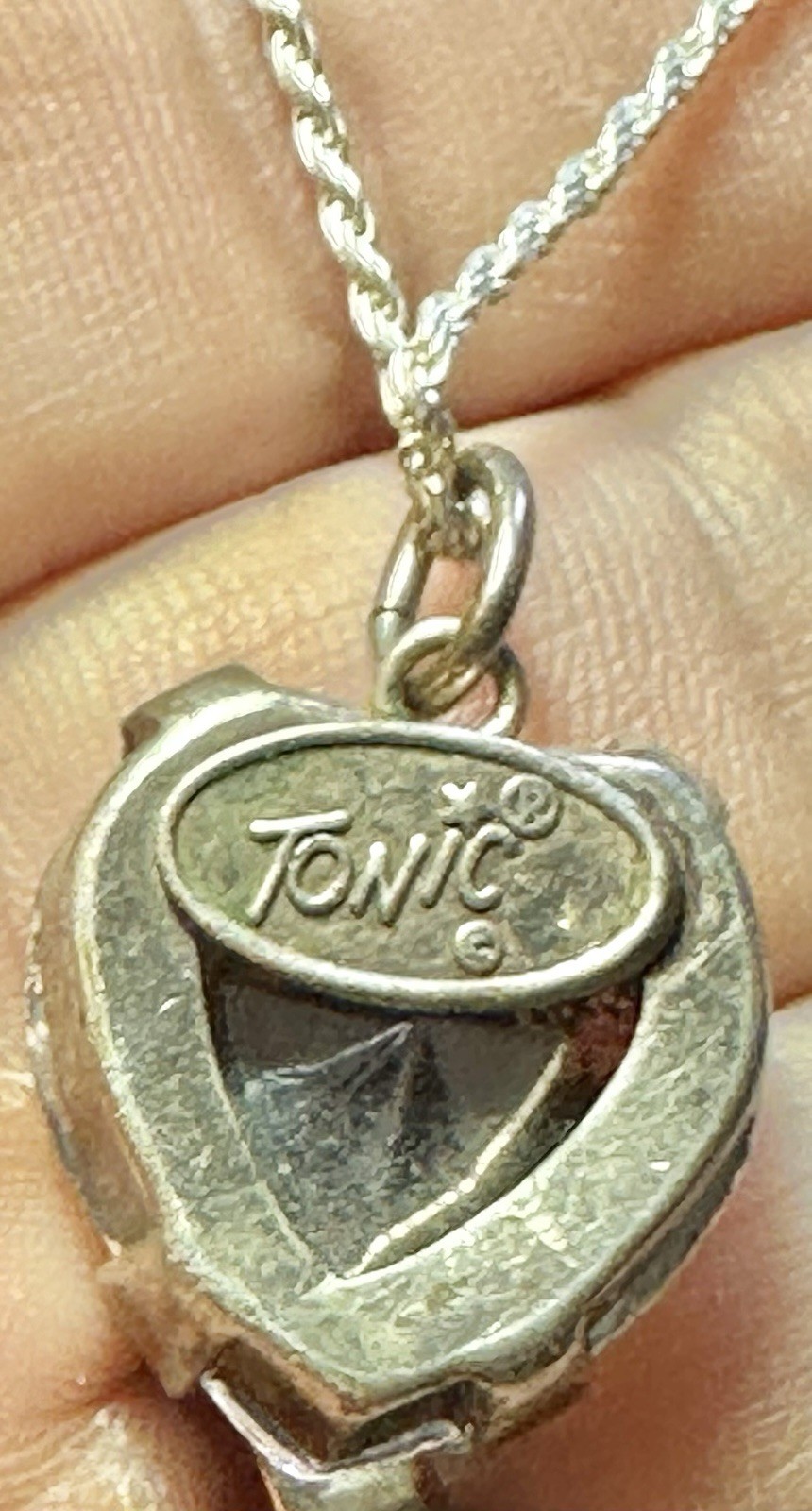 1970s Vintage Silver Tone Heart Crystal Pendant Necklace, Signed TONIC