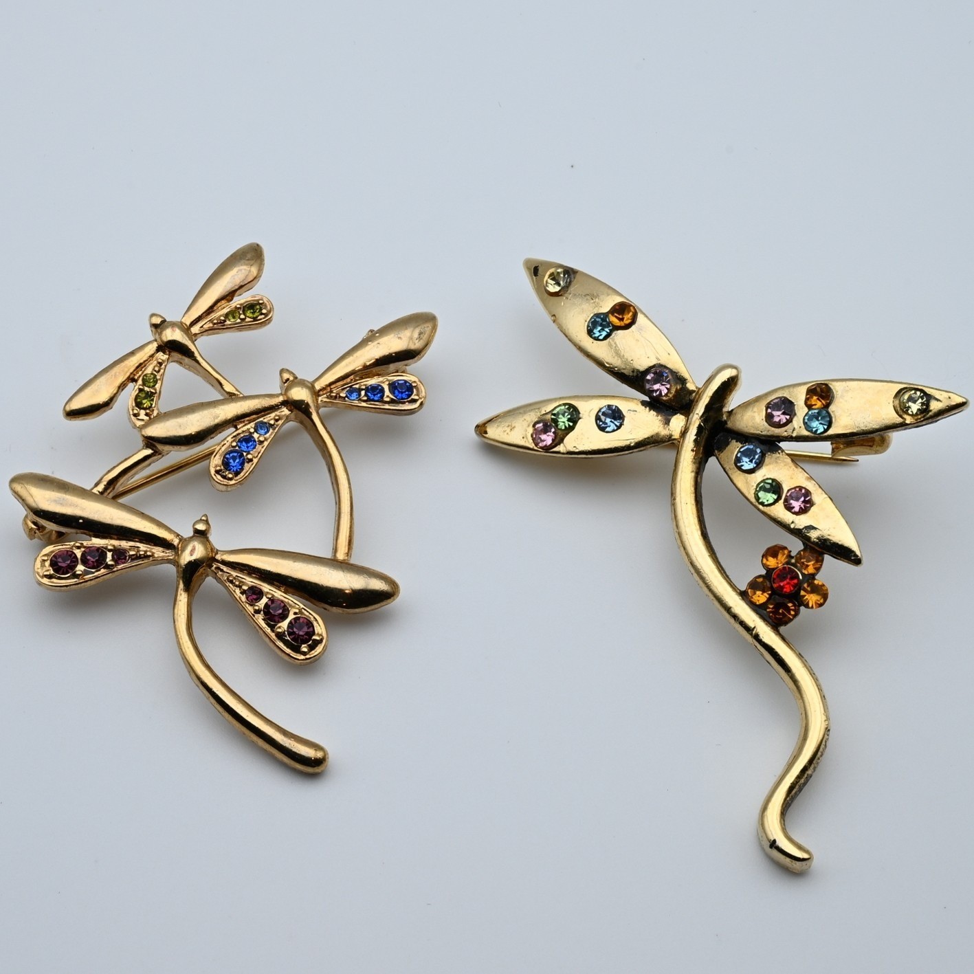 Vintage Gold Tone Dragonfly Brooch Set Multi Color Rhinestone Insect Pins 2pc