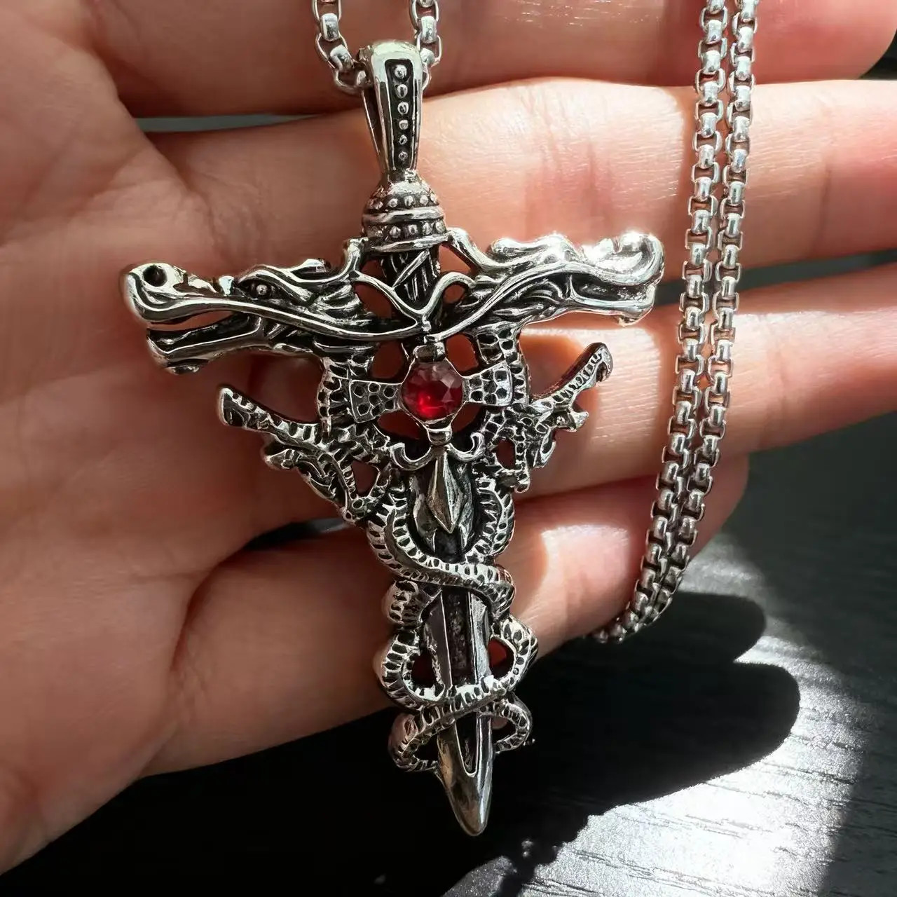 Gothic Style Double Dragon Sword Cross Pendant Necklace With 60cm Chain For