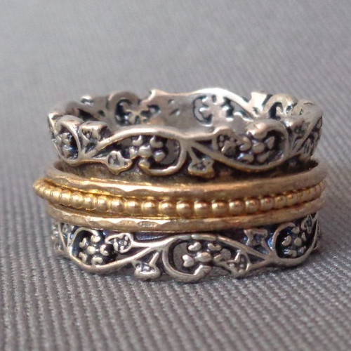 Sterling Silver Two Tone Spinner Band Ring Signed PZ Sz 7 – 7.5 Intricate Scroll