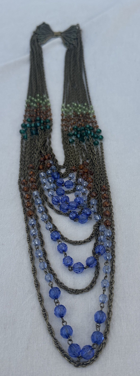 Vintage Layered Beaded Necklace Boho Blue Green Glass Multi Strand Bronze Tone