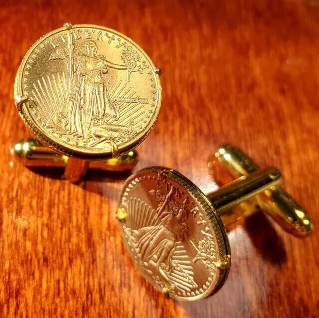 Striding Liberty Coin Men’s Cufflinks 14K Yellow Gold Plated Sterling Silver 925