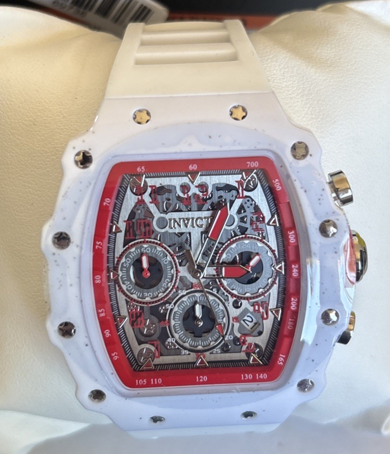 💥Invicta Racing Men’s 44mm Quartz Chrono Date White Silicone Red Bezel 69738