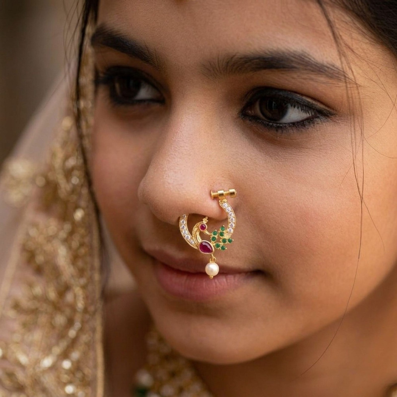 Gold Plated CZ Indian Nose Ring Set: Bridal Nath, Non-Piercing Clip On